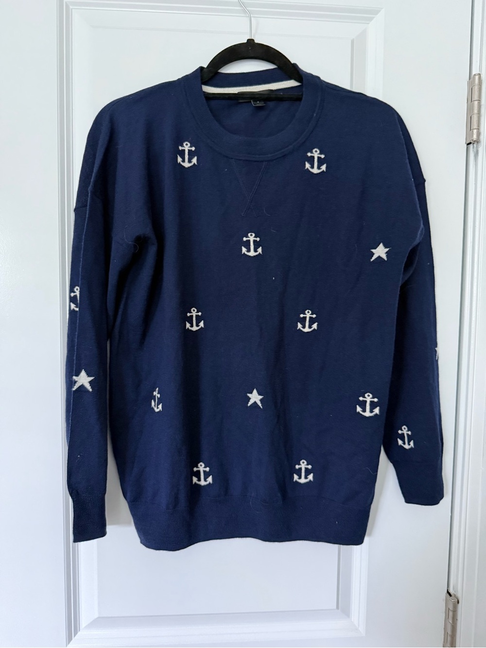 J. Crew Navy Crewneck Sweater with White Anchors & Stars